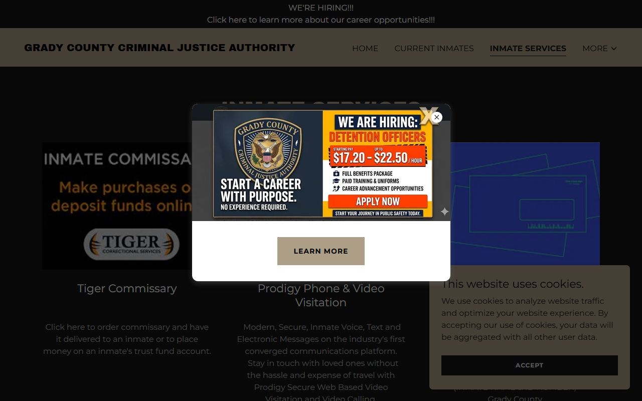 Grady County Detention Center inmate services mail commissary visitation