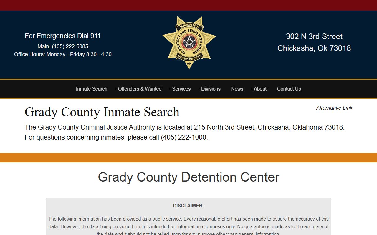 Grady County Criminal Justice Authority inmate lookup page